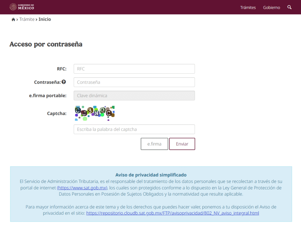 Pantalla de acceso a portal del SAT