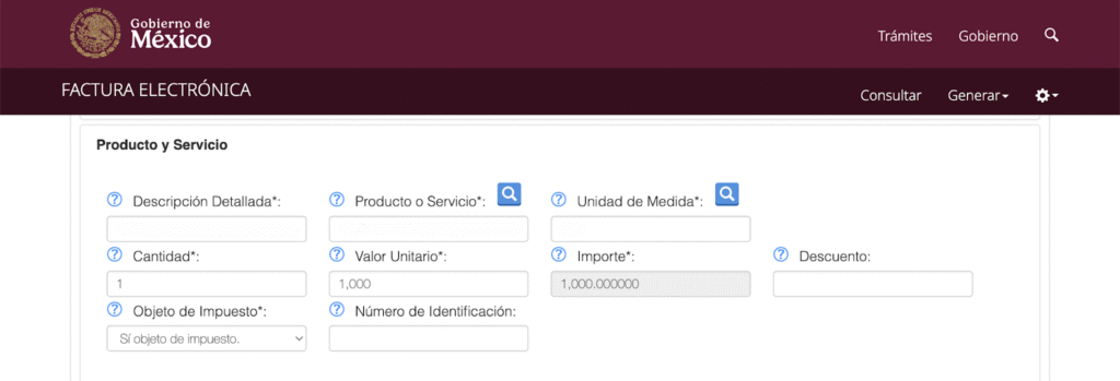 Pantalla de llenado de productos y servicios en el portal de facturación del SAT