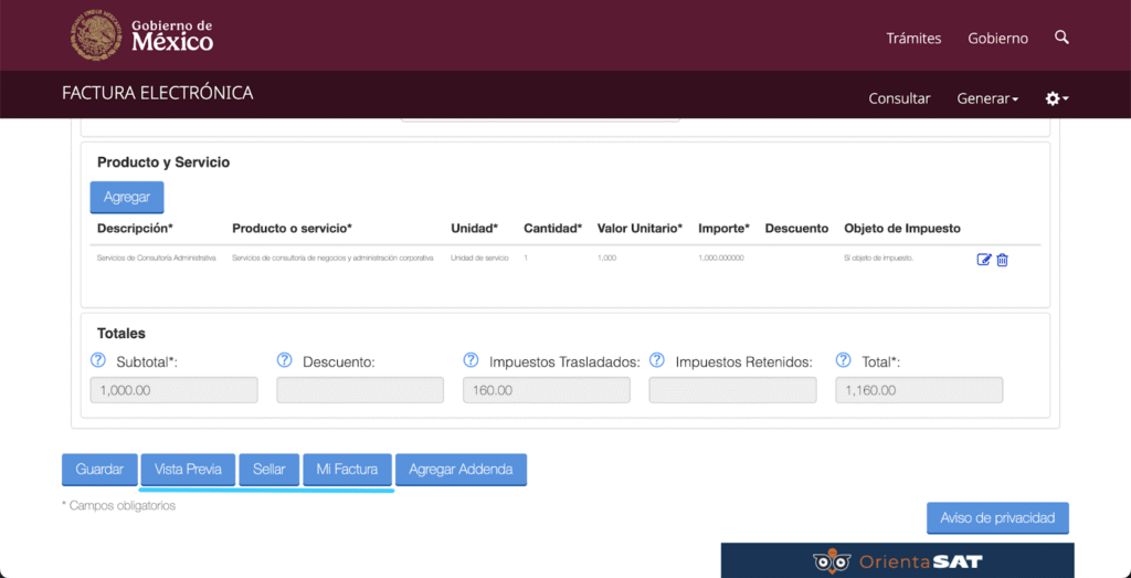 Pantalla de portal de facturación del SAT